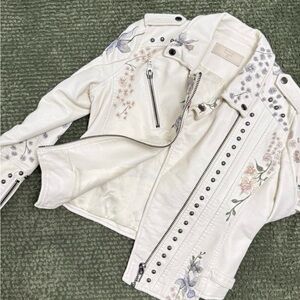 Blank NYC White Floral Embroidered Leather Moto Jacket